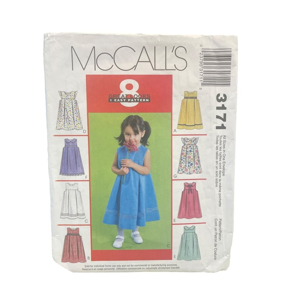 McCall's 3171 Toddlers' Dress Sizes 1-4 Pinafore Sleeveless Lined Yoke